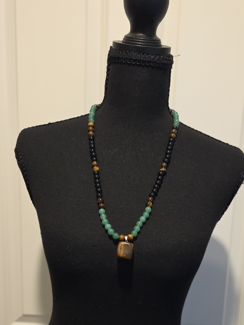 Beaded Green, Black and Brown Pendant Necklace